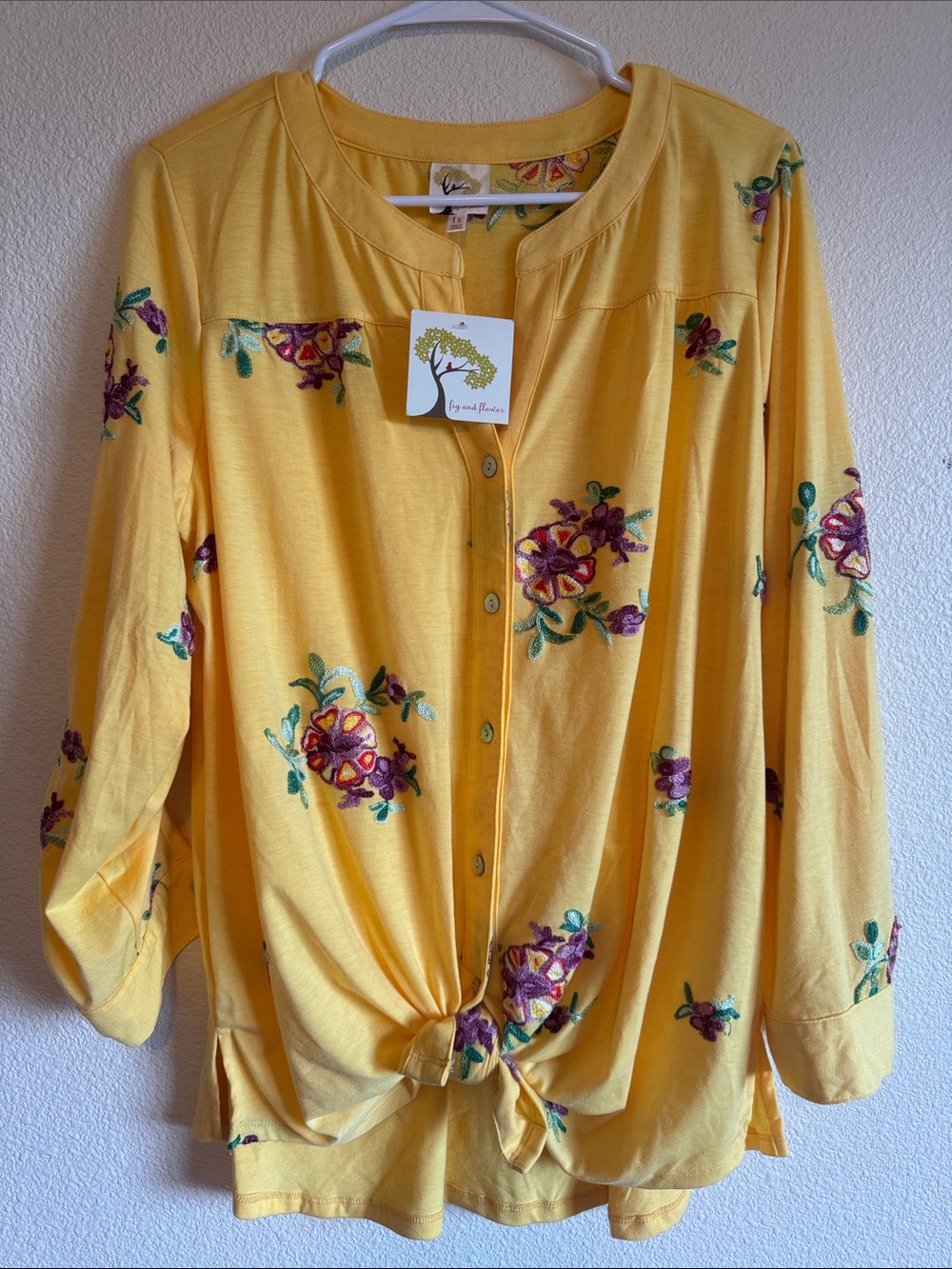 fig and flower Yellow Embroidered Button-Front Tie Hem Top